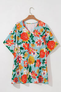 Online Sky Blue Plus Size Floral Print V Neck Batwing Sleeve Blouse