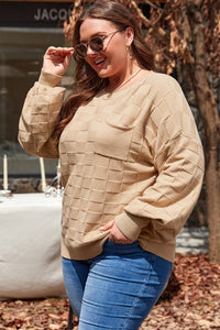 Online Light French Beige Solid Checkered Textured Knit Plus Size Sweater