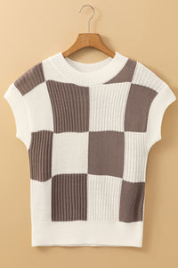 Online Light Blue Checkered Color Block Crew Neck Short Sleeve Sweater