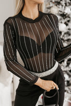 Load image into Gallery viewer, Online Black Rhinestone Decor Striped Mesh Long Sleeve Bodysuit
