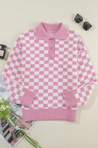 Online Apricot Checkered Buttons Collar V Neck Drop Shoulder Sweater