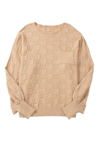 Online Light French Beige Solid Checkered Textured Knit Plus Size Sweater