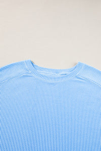 Online Light Blue Plus Size Ribbed Long Sleeve Top and Drawstring Shorts Set