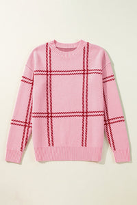 Online Pink Plaid Pattern Knitted Drop Shoulder Sweater