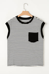 Online Black Stripe Chest Pocket Patch Round Neck Tank Top