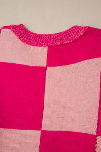 Online Rose Red Mixed Checkered Pattern Drop Shoulder Loose Sweater