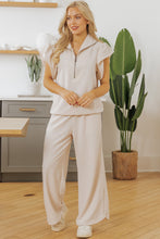 Load image into Gallery viewer, Black Textured Ruffled Sleeve Zipped Top and Wide Leg Pants Set
