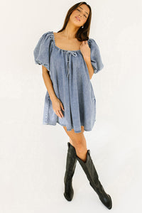 Online Myosotis Bubble Sleeve Square Neck Denim Babydoll Dress