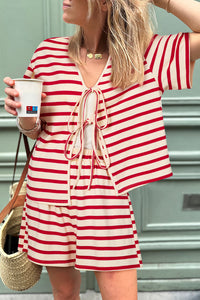 Online Red Stripe Lace-up Front Top and High Waist Shorts Set