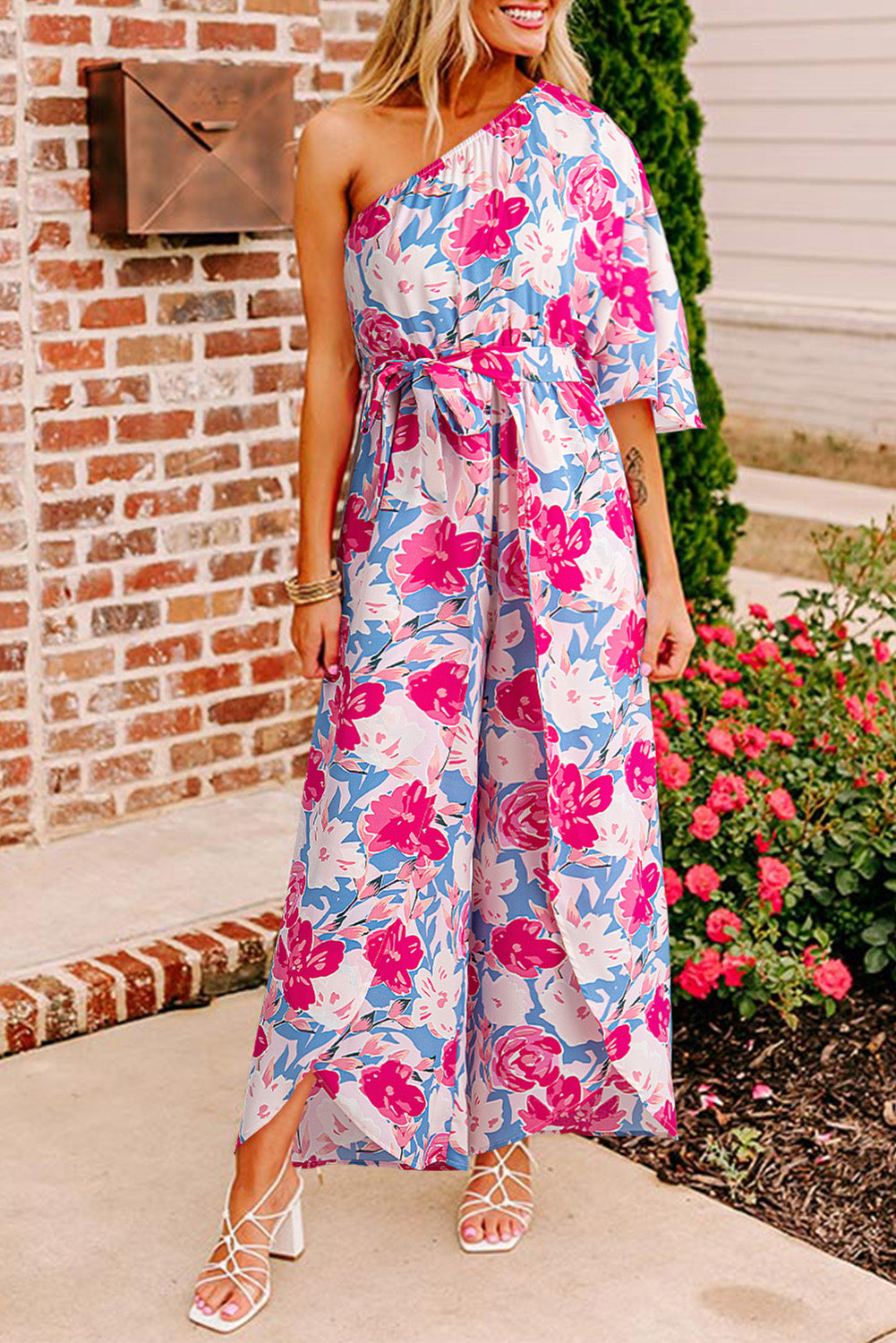 Online Pink Floral Print Asymmetrical Neckline Single Shoulder Drape Sleeve Belted Jumpsuit