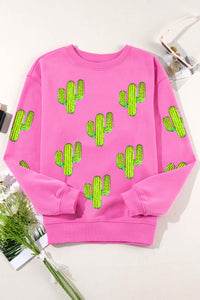Online Bonbon Sequined Cactus Pattern Crewneck Pullover Sweatshirt