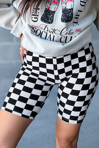 Online Black Checkerboard Printed High Waist Biker Shorts