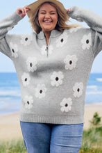 Load image into Gallery viewer, Online Gray Plus Size Embroidered Floral Pattern Half Zip Sweater
