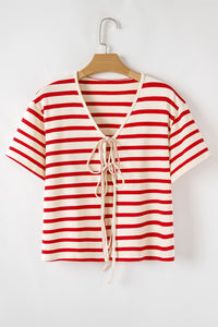 Online Red Stripe Lace-up Front Top and High Waist Shorts Set