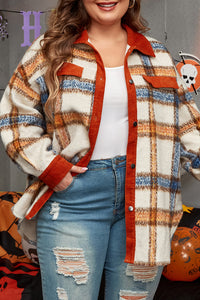 Online Brown Stripe Plus Size Plaid Print Collared Buttoned Jacket