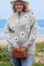 Load image into Gallery viewer, Online Gray Plus Size Embroidered Floral Pattern Half Zip Sweater
