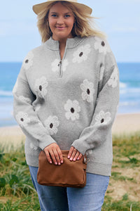 Online Gray Plus Size Embroidered Floral Pattern Half Zip Sweater