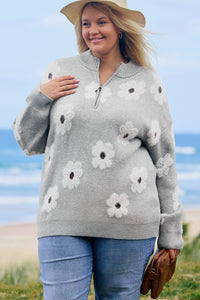 Online Gray Plus Size Embroidered Floral Pattern Half Zip Sweater