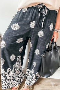 Online Black Plus Size Geometric Ethnic Print Drawstring Wide Leg Pants