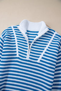 Online Pink Stripe Zip up Collar Drop Shoulder Sweater