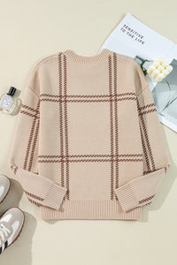 Online Pink Plaid Pattern Knitted Drop Shoulder Sweater