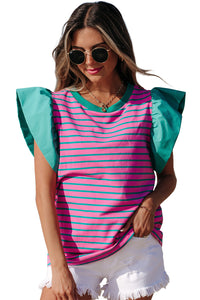 Online Pink Stripe Colorblock Ruffled Sleeve Crew Neck Blouse