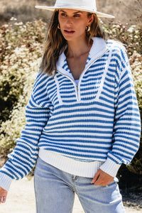 Online Pink Stripe Zip up Collar Drop Shoulder Sweater