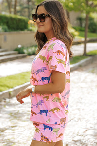 Online Pink Flower Print Short Sleeve High Waist Two Piece Shorts Set