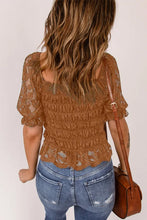 Load image into Gallery viewer, Khaki Floral Lace Crochet Ruffled Shirred Square Neck Top
