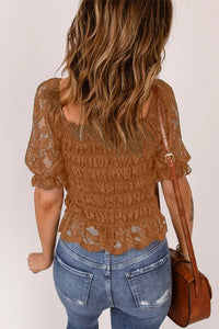 Khaki Floral Lace Crochet Ruffled Shirred Square Neck Top
