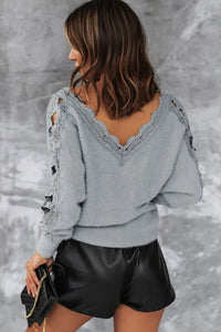 Gray Lace Splicing V Neck Pullover Sweater
