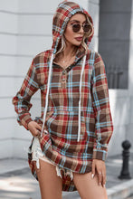 Load image into Gallery viewer, Brown Plaid Split Side Button Hooded Dress
