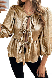 Online Gold Bow Tie Front Puff 3/4 Sleeve Ruffle Hem Blouse