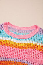 Load image into Gallery viewer, Online Pink Stripe Plus Size Open Knit Patch Pocket Short Sleeve Sweater
