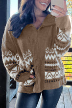 Load image into Gallery viewer, Online Brown Western Printed Ribbed Trim Collared Zip up Cardigan
