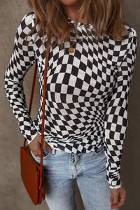 Online Khaki Checkered Pattern Mesh Mock Neck Long Sleeve Top