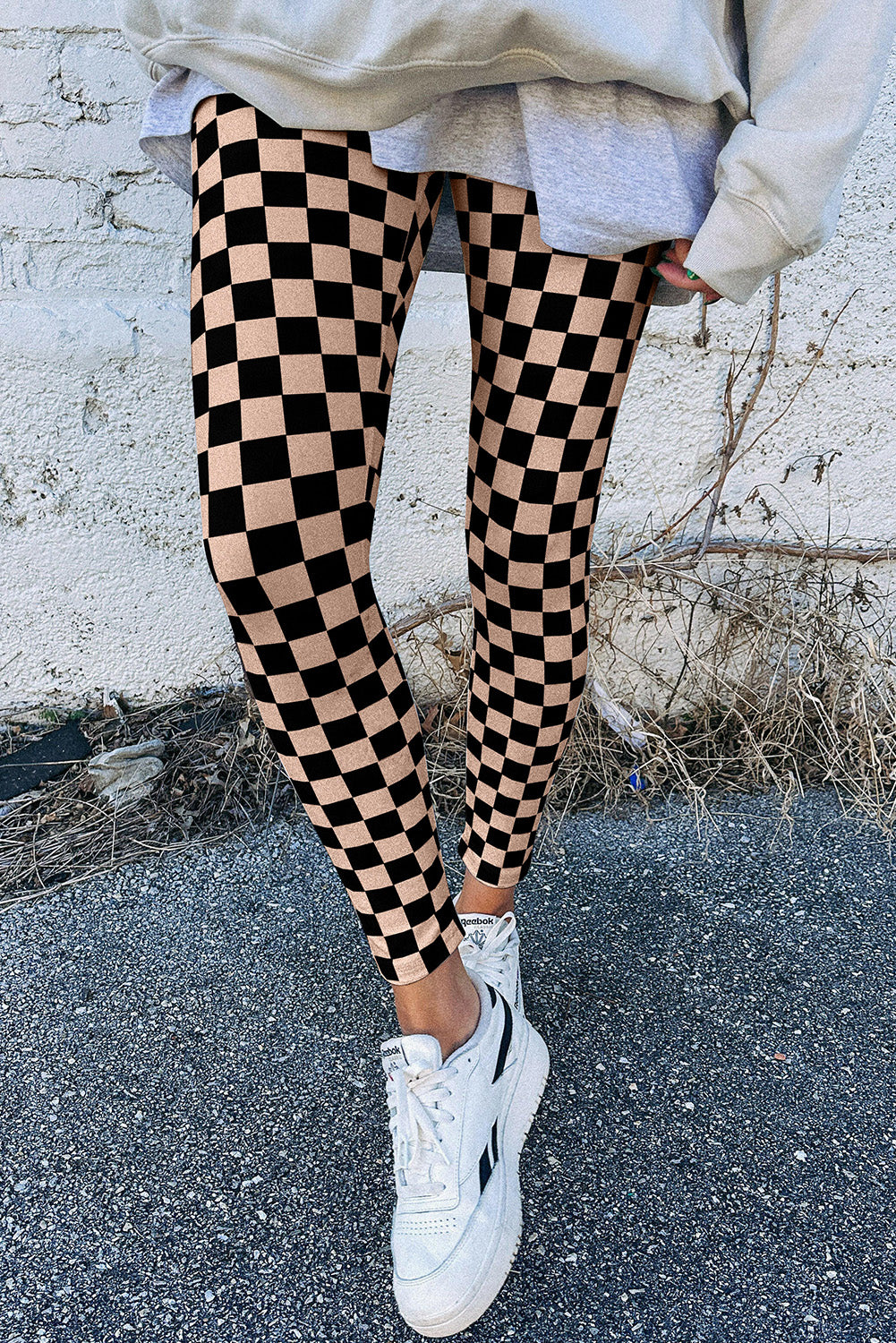 Online Khaki Checkered Pattern High Waist Skinny Leggings