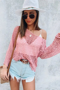 Pink Floral Pattern Hollow-out Knit Long Sleeve Top