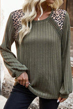 Load image into Gallery viewer, Moss Green Leopard Print Crochet Patchwork Rib Textured Knit Top
