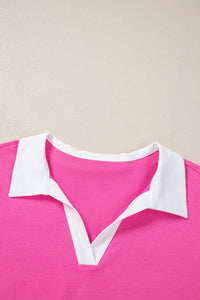 Online Pink Contrast Trim Collared Split Neck Short Sleeve Plus Size Top