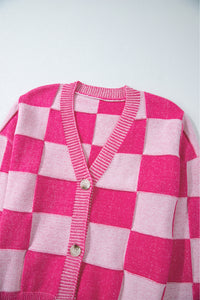 Online Black Checkered Drop Shoulder Buttoned V Neck Cardigan