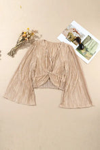 Load image into Gallery viewer, Camel Pleated Bell Sleeve Twist V Neck Cropped Blouse
