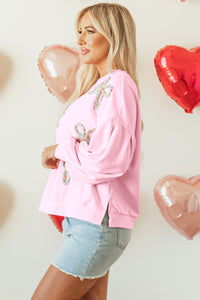 Online Light Pink Embroidered Bow Lantern Sleeve Oversized Pullover Sweatshirt