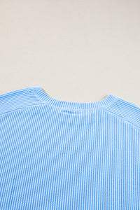 Online Light Blue Plus Size Ribbed Long Sleeve Top and Drawstring Shorts Set