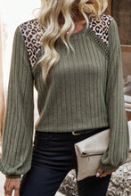 Load image into Gallery viewer, Moss Green Leopard Print Crochet Patchwork Rib Textured Knit Top
