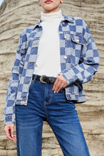 Load image into Gallery viewer, Online Black Checkered Patchwork Button up Denim Jacket
