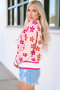 Pink Flower Print Crew Neck Sweater