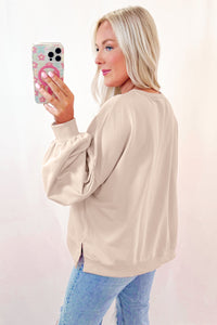 Online Light Pink Embroidered Bow Lantern Sleeve Oversized Pullover Sweatshirt