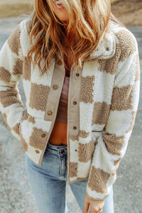 Online Lapis Checked Snap Button Sherpa Jacket