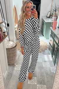 Online Black Checkered Print Long Sleeve Top and Pants Lounge Set